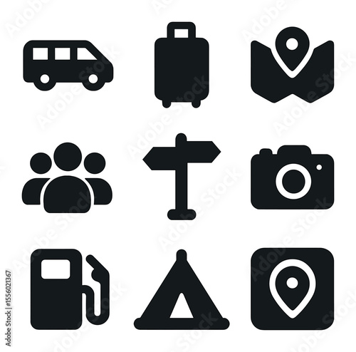 Group Travel Icons. Solid, filled icons set of group travel: minivan, suitcase, map, group icon, road sign,