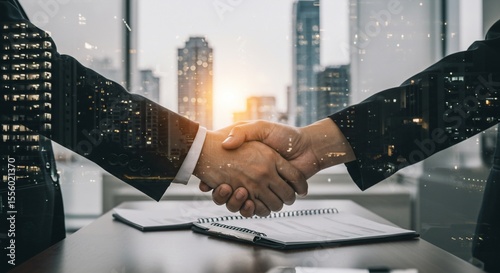 都会風景 信頼堅い握手 成功ビジネス