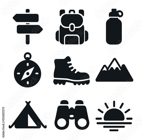 Hiking Essentials Icons. Solid, filled icons set of hiking with friends: trail sign, backpack, water bottle,