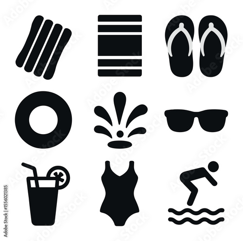 Poolside Icon Set. Solid, filled icons set of poolside fun: pool float, beach towel, flip-flops, swim ring,