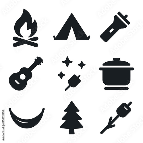Camping Icons Collection. Solid, filled icons set of camping weekend: campfire, tent, flashlight, guitar,