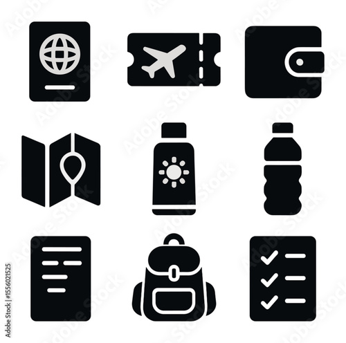 Travel Essentials Icons. Solid, filled icons set of travel checklist: passport, ticket, wallet, map, sunscreen