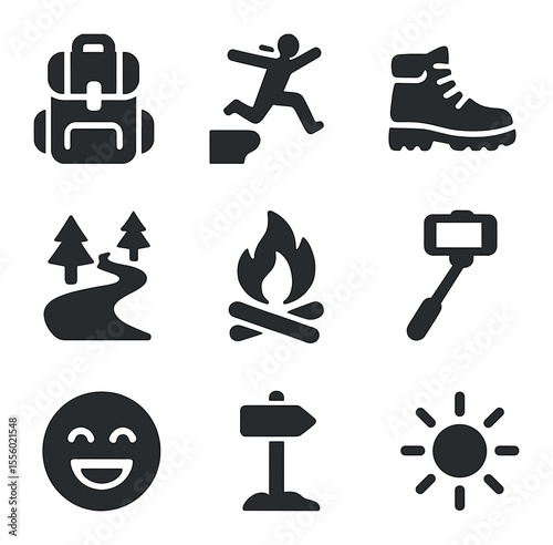 Youth Adventure Icons. Solid, filled icons set of youth adventures: backpack, cliff jump, hiking boots, wild