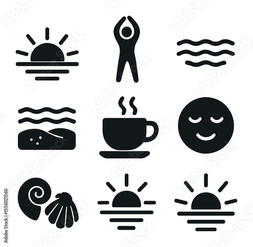 Beach Sunrise Icons. Solid, filled icons set of beach sunrise: rising sun, horizon, stretching pose, calm