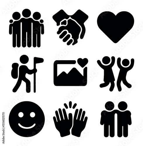 Friendship Icon Set. Solid, filled icons set of friendship goals: group hug, matching bracelets, heart icon,