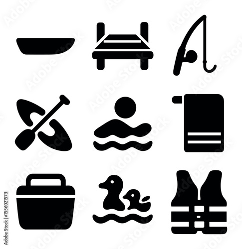 Lake Day Icons. Solid, filled icons set of day at the lake: boat, dock, fishing rod, canoe, swim icon, towel,