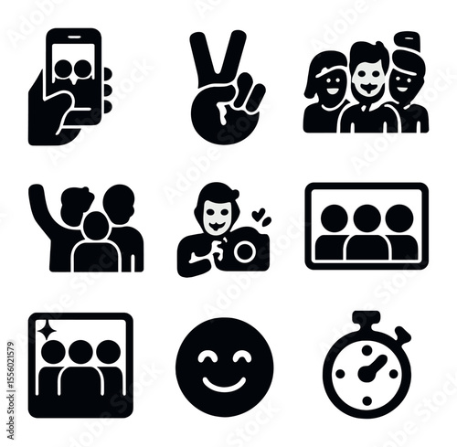 Friend Selfie Icon Set. Solid, filled icons set of friend group selfies: phone icon, peace sign, funny face,