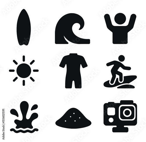 Surf Icons Grid. Solid, filled icons set of catching waves: surfboard, wave icon, friend cheering, wetsuit,