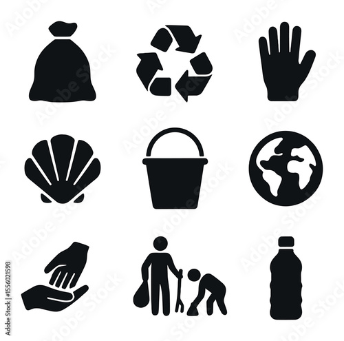 Beach Cleanup Icons. Solid, filled icons set of beach cleanup day: trash bag, recycling icon, gloves, shell,