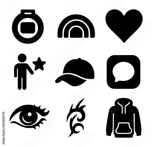 Modern Youth Icons. Solid, filled icons set of modern youth identity: pronoun badge, rainbow icon, heart,