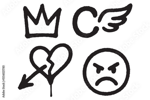 Modern graffiti symbols showcasing a crown, heart break, arrow, and angry face, representing emotions of power, love, and frustration