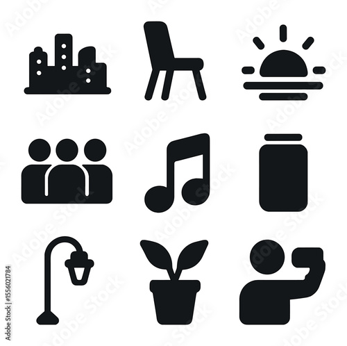 Rooftop Vibes Icons. Solid, filled icons set of rooftop vibes: skyline, chair, sunset icon, chill group, music