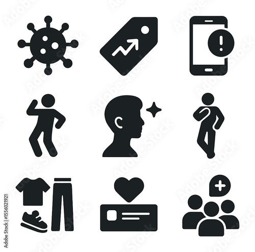 Youth Trends Icons. Solid, filled icons set of youth trends: viral icon, trending tag, phone alert, dance move