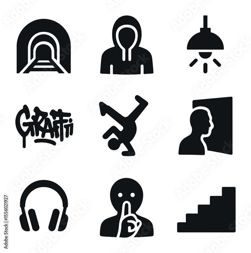 Underground Culture Icons. Solid, filled icons set of underground culture: tunnel, hoodie, low light, graffiti