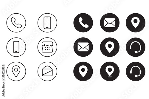 communication icons including phone, email, location, and headset symbols in both black and white styles, perfect for modern designs icon set