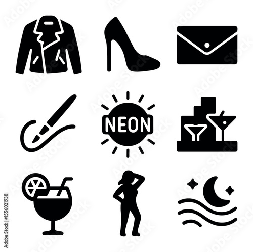 Nightlife Fashion Icons. Solid, filled icons set of nightlife fashion: leather jacket, heels, clutch bag,
