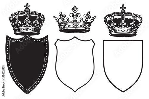 Decorative heraldic symbols with detailed crowns and shields in a vintage style, ideal for luxury and emblematic designs icon set
