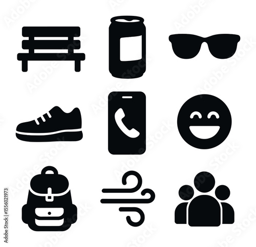 Street Chill Icons. Solid, filled icons set of street chill sessions: bench, juice can, sunglasses, sneaker,