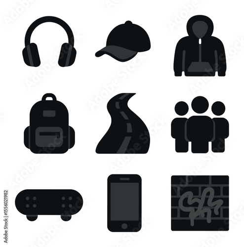 Youth Culture Icons. Solid, filled icons set of youth street icons: headphone, cap, hoodie, backpack, urban