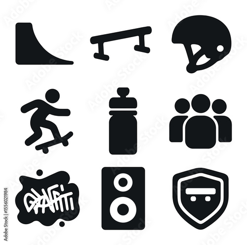 Skate Park Icons. Solid, filled icons set of skate park lifestyle: ramp, grind bar, helmet, trick move, water
