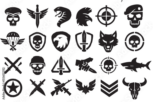 Dynamic collection of military inspired icons, including knives, skulls, wings, and various symbols representing strength, tactics, and warfare Military icon set