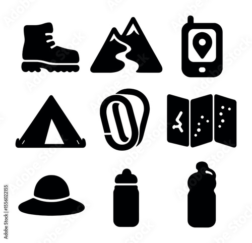 Hiking Icon Set. Solid, filled icons set of hiking and trekking: boot, mountain trail, GPS icon, camp, tent,