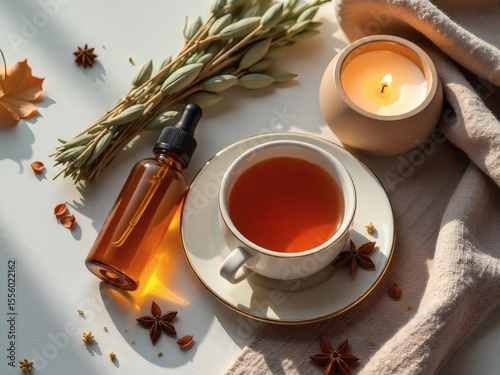 A simple and clear sentence to name the image could be:
Cup of tea with cinnamon sticks on a saucer in the morning