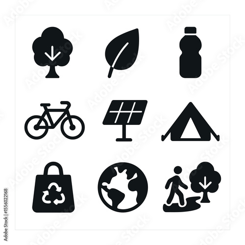 Eco-Tourism Icons Grid. Solid, filled icons set of eco-tourism: tree, leaf, water bottle, bicycle, solar panel