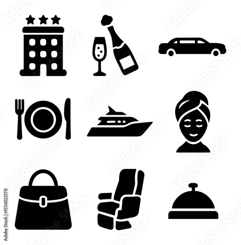 Luxury Travel Icons. Solid, filled icons set of luxury travel: 5-star hotel, champagne, limousine, fine dining