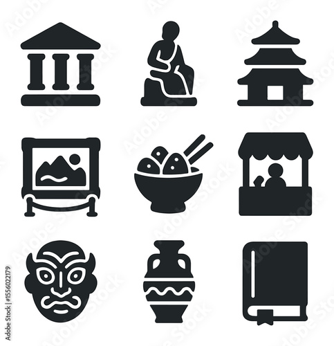 Cultural Icons Grid. Solid, filled icons set of cultural tourism: museum, statue, temple, painting,