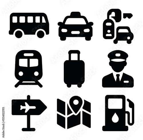 Airport Transport Icons. Solid, filled icons set of airport transport: shuttle bus, taxi, car rental, train,