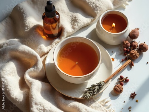 A comforting hot tea beverage, whether black, green, or herbal, served in a white china cup with a saucer, often enjoyed for breakfast with lemon or cinnamon