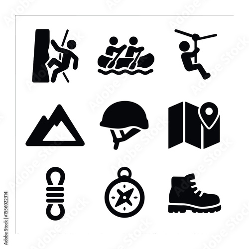 Adventure Tourism Icons. Solid, filled icons set of adventure tourism: rock climbing, whitewater rafting,