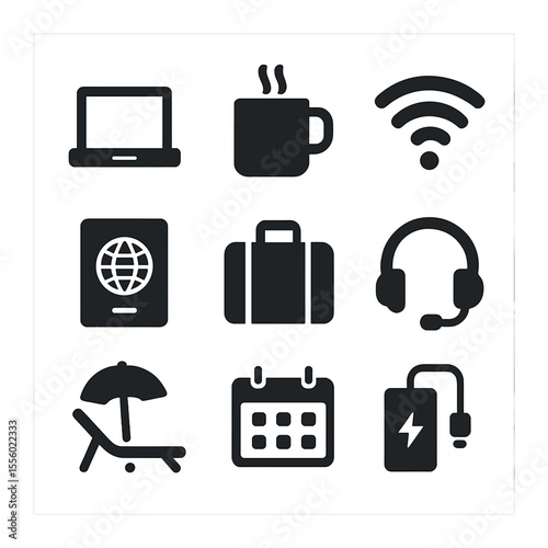 Digital Nomad Essentials. Solid, filled icons set of digital nomad travel: laptop, coffee mug, Wi-Fi, passport