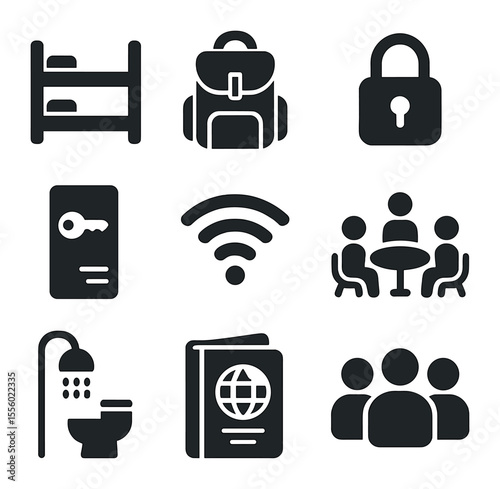 Hostel Travel Icons. Solid, filled icons set of hostel travel: bunk bed, backpack, lock icon, key card, Wi-Fi,