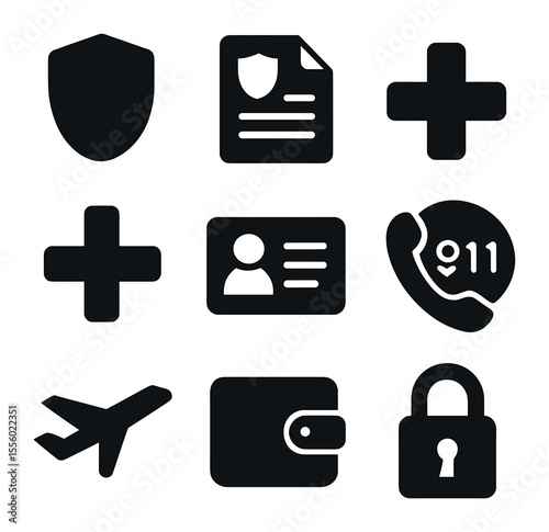 Travel Insurance Icons. Solid, filled icons set of travel insurance: shield, document, plus sign, cross symbol