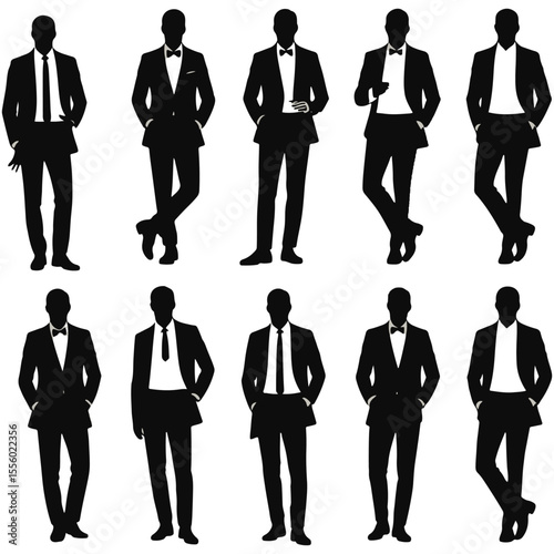 Collection of male silhouettes in formal suits and tuxedos with various poses