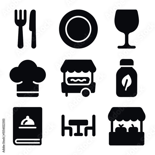 Culinary Tourism Icons. Solid, filled icons set of culinary tourism: fork and knife, plate, wine glass, chef