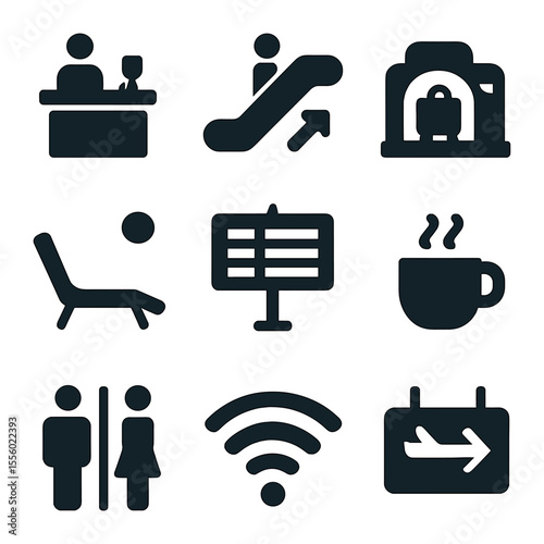 Airport Service Icons. Solid, filled icons set of airport services: check-in desk, escalator, baggage scanner,