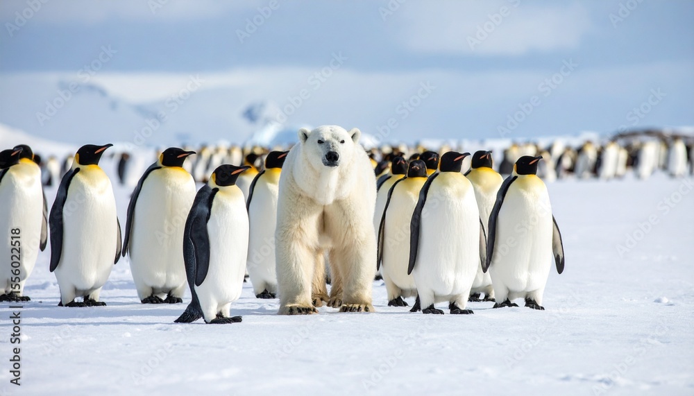 Obraz premium An Unlikely Encounter. A Polar Bear Meets a Group of Emperor Penguins in Antarctica.