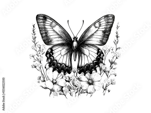 Vintage spring butterfly garden engraving, seasonal floral nature motif, hand-drawn sketch style, trendy springtime artwork, black ink illustration, old engraving design, botanical art