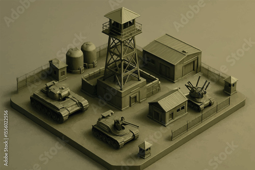 Diorama of a military base with tanks, radar tower, and guard posts, illustrating a secure military facility with essential defense equipment Military icon set