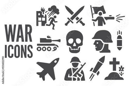 Set of bold war icons symbolizing conflict and battle, including tanks, missiles, weapons, explosions, and military figures, capturing the essence of warfare Military icon set