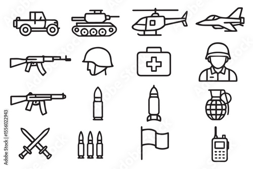 Set of minimalist military icons, featuring tanks, helicopters, weapons, medals, and communication tools, illustrating key elements of combat and military gear Military icon set