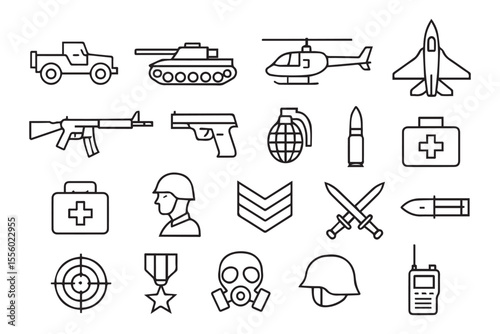 Collection of simple line icons representing military equipment, including tanks, guns, grenades, helmets, and medical kits, designed to symbolize warfare and defense Military icon set