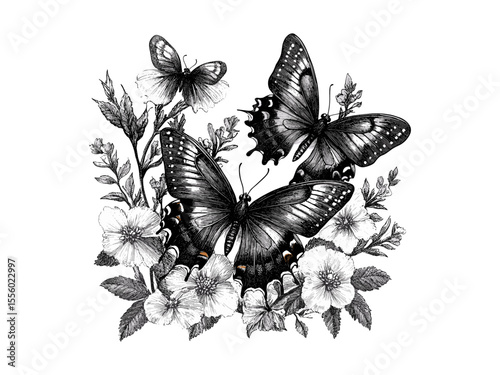 Spring butterfly garden vintage engraving, floral nature motif in hand-drawn sketch style, trendy spring artwork, black ink botanical illustration, old engraving floral design, seasonal decor