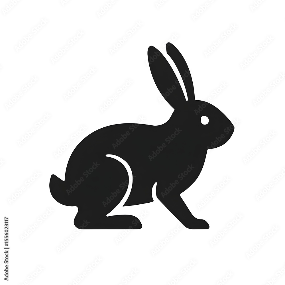 Obraz premium Flat black pictogram of a crouching rabbit with upright ears, lifted paw, and back notches. Symbolic of alertness, cautious movement, and environmental awareness. 