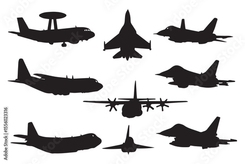Silhouettes of various military aircraft, including jets, cargo planes, and surveillance planes, displayed in a futuristic style, representing air superiority and defense Military icon set