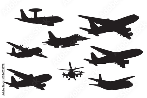 Collection of silhouetted military planes and helicopters in action, showcasing the power of air force operations with an emphasis on tactical and strategic roles Military icon set