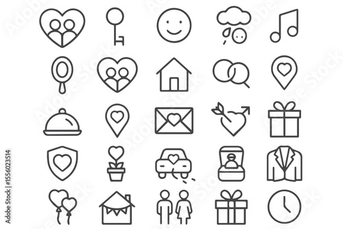A collection of wedding related symbols, such as hearts, balloons, rings, and gifts, designed in a simple and clean line style Wedding icon set